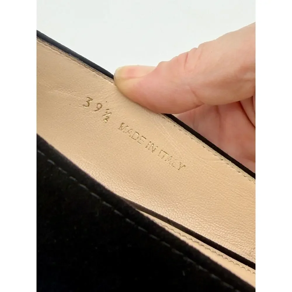 Prada Square Toe Pumps Black Suede Size 39.5 / 9.5 Metal Buckle Logo